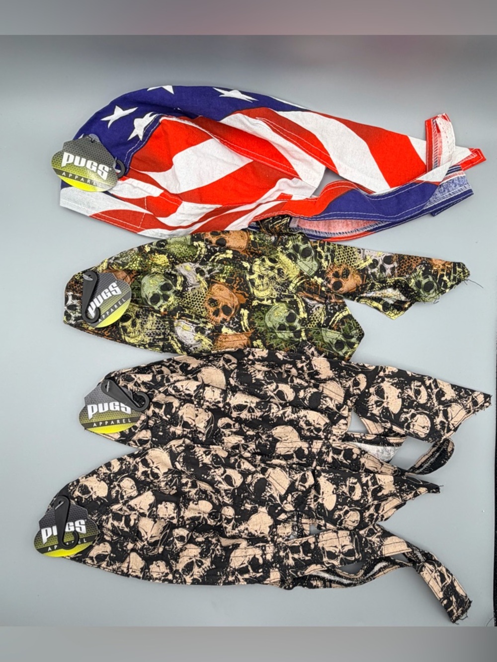Pugs Apparel Head Wrap Skull Caps Biker Durags Skulls Camo USA Flag NWT Lot of 4